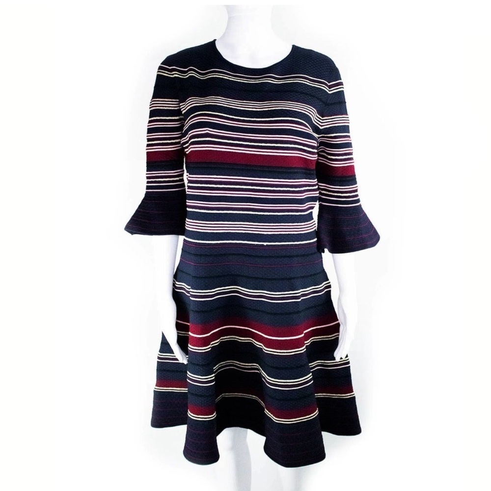 Ted Baker Navy Blue Striped Knit Fit and Flare Dress Women Size 10 Office Work